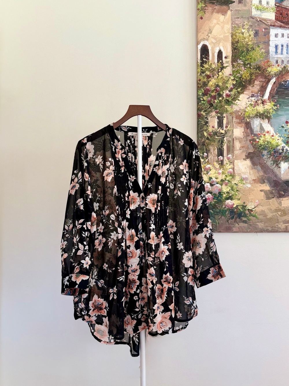 American Rag Sheer Black Floral 3/4 Sleeve Peasant Top Size Large